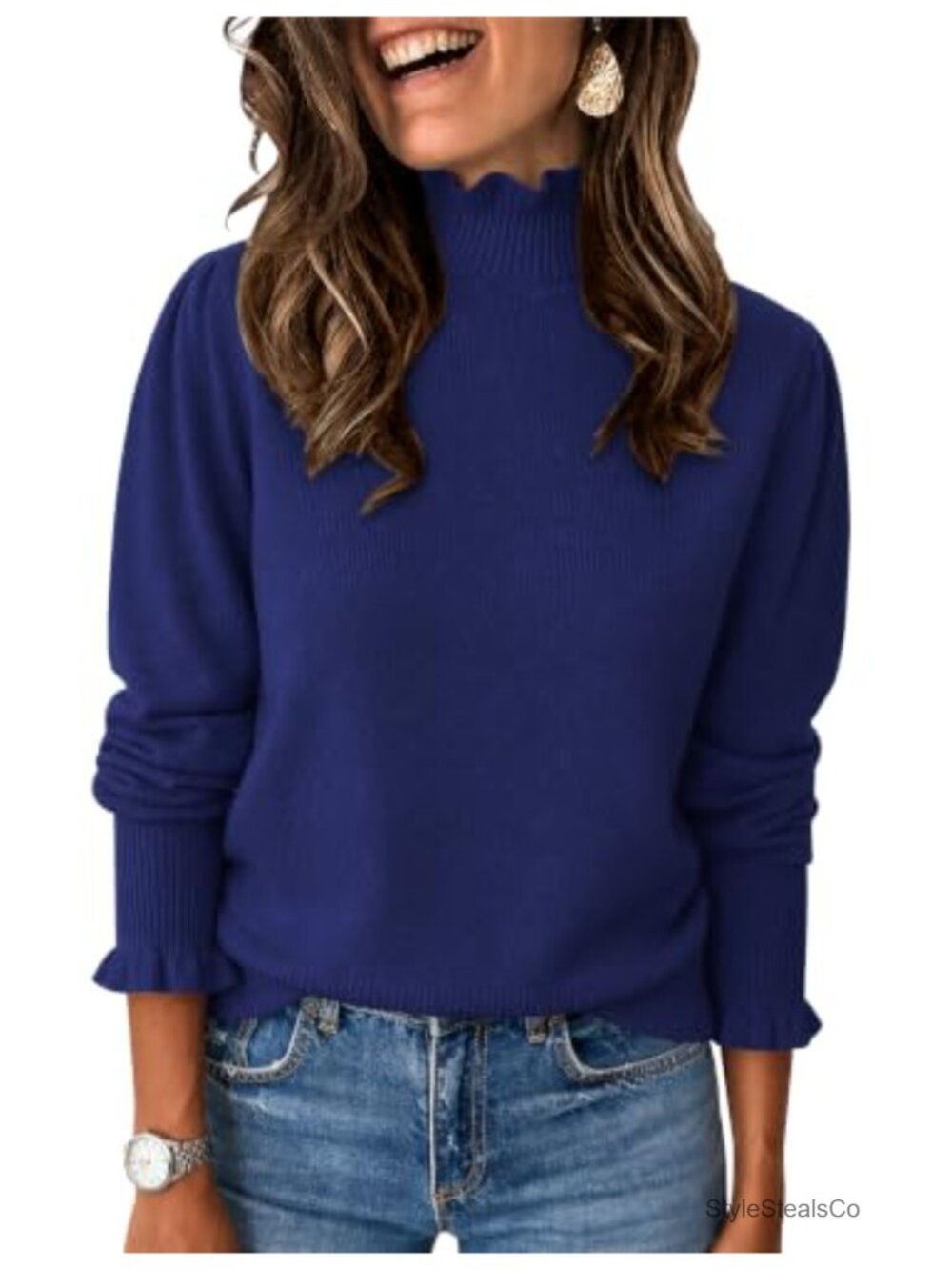 Ruffle Mock Neck Puff Sleeve Pullover Sweater for Women